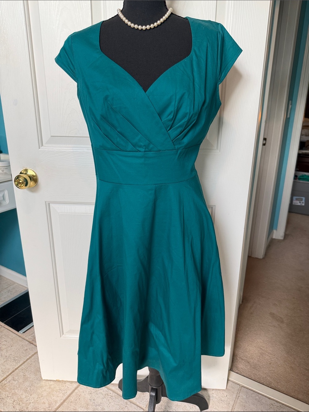 Rockabilly Retro Swing Teal Surplice Neck Fit-and-Flare Midi Dress